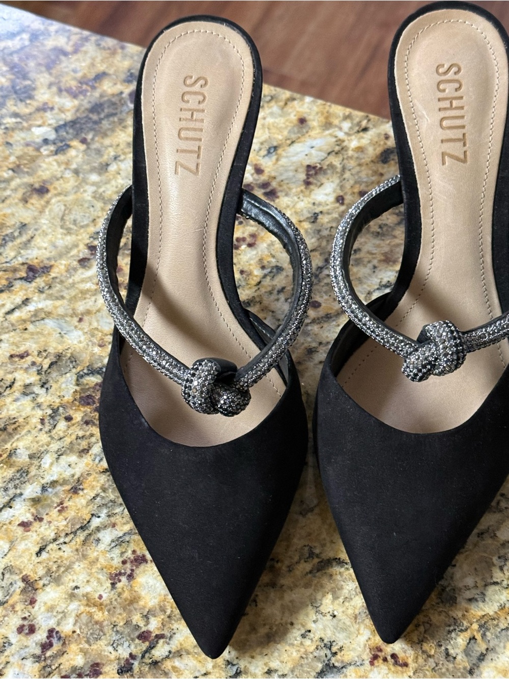 SCHUTZ Black Pointed Toe Knot Strap Madded Mule Heels